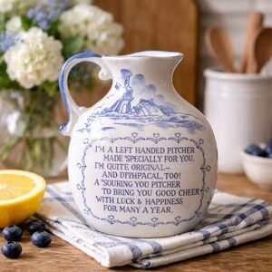 Vintage Delft Style Southpaw Left Handed Pitcher Made Japan Blue White Windmill